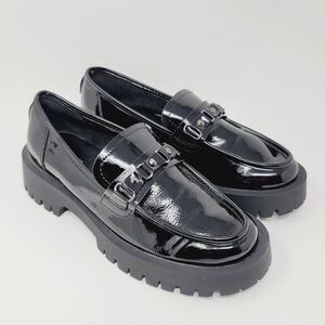 ISOMEI Womens Loafers Size 38 7.5 M Chunky Heel Black Patent Shoes NWOT